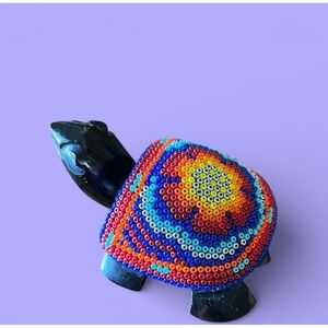 Huichol Turtle Beaded Obsidian Carved Stone Figurine Multicolor Mexico Folk Art